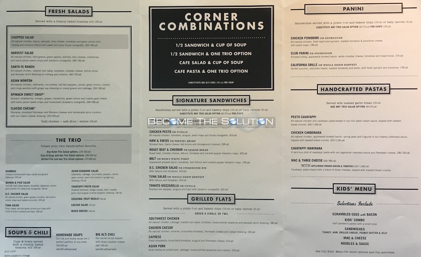 Corner Bakery Carry Out Chicago Menu (Scanned Menu With Prices)